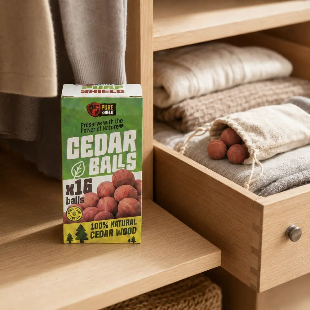 Pure Shield natural cedar balls 16 pack in a wardrobe drawer